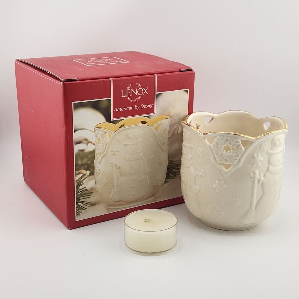 Lenox Merry Lights Snowman Votive Holder Cream Gold Trim Cutout Detail NIB 3.5"